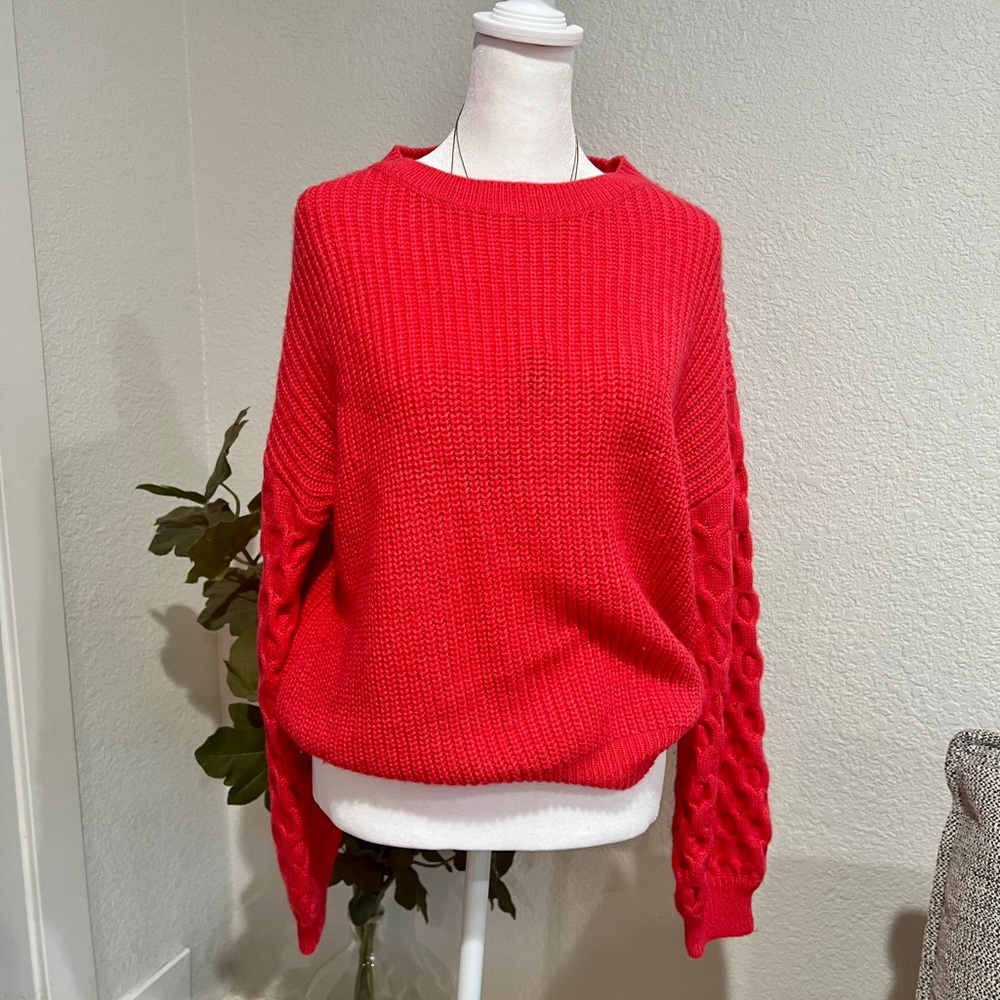 CUPSHE Reina Red Honeycomb Knit Balloon Sleeve Sweater S